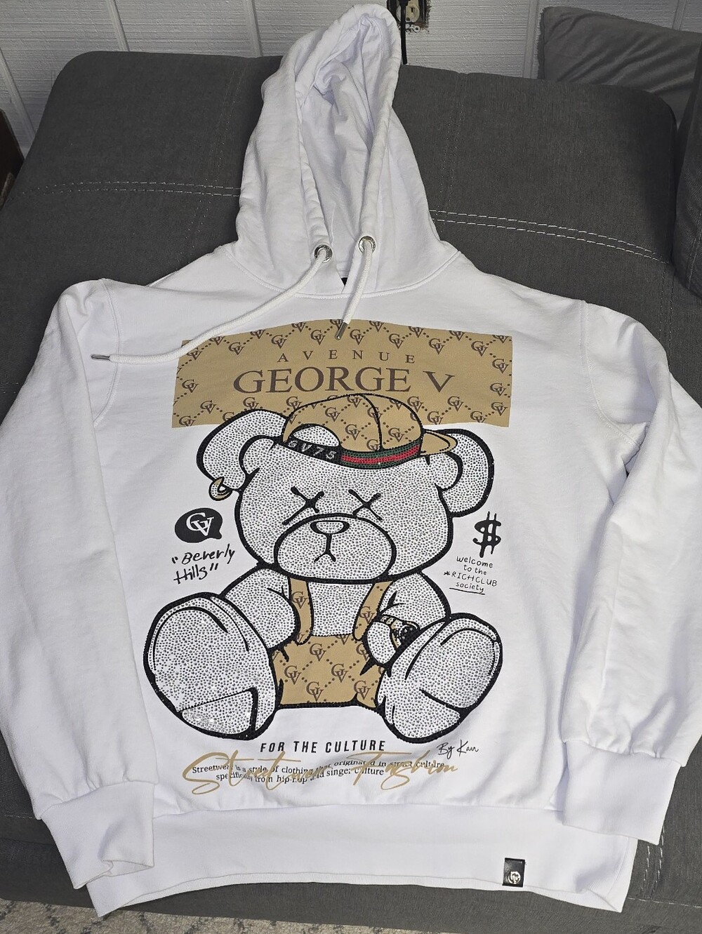 Avenue George V Paris Bear Hoodie Rhinestone Rich Club Streetwear Mens Large L